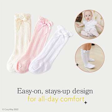 CozyWay Baby Knee High Bow Socks For Baby Girls Infant 0-9 Months 3-3 Pack