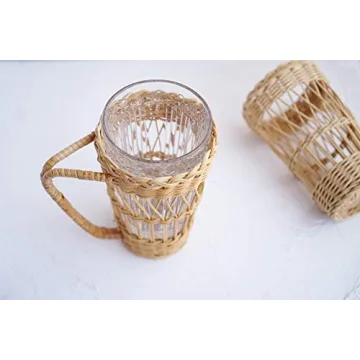 RISEON Hand-Woven Rattan Cup Holder with Glass Cup