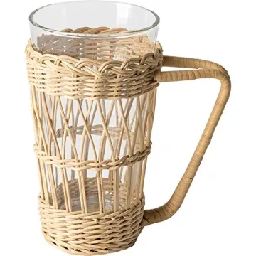 RISEON Hand-Woven Rattan Cup Holder with Glass Cup
