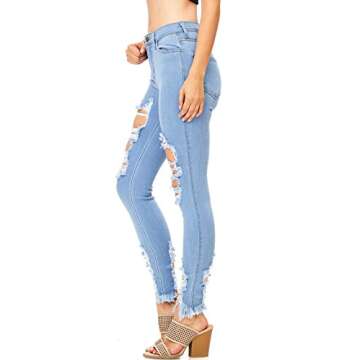 Vibrant Women’s Denim Skinny Jeans – Stretch High Waisted Raw Edges Heavy Distressed Ripped Casual Slim Fit Pants VP1213 LStone 9