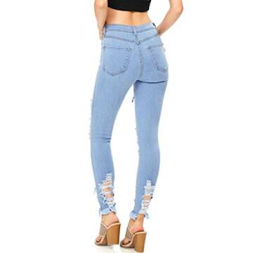 Vibrant Women’s Denim Skinny Jeans – Stretch High Waisted Raw Edges Heavy Distressed Ripped Casual Slim Fit Pants VP1213 LStone 9