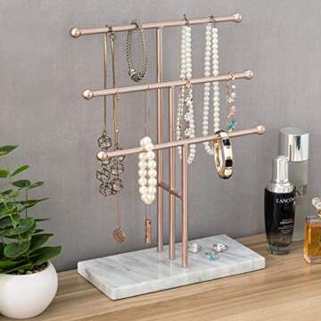 MyGift 3-Tier Rose Gold-Tone Metal Jewelry Stand Organizer, T Bar Necklace and Bracelet Display with Stone Base Ring Tray
