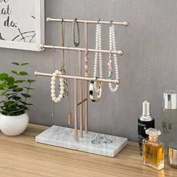 MyGift 3-Tier Rose Gold-Tone Metal Jewelry Stand Organizer, T Bar Necklace and Bracelet Display with Stone Base Ring Tray