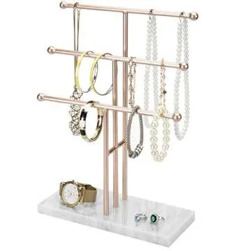 MyGift 3-Tier Rose Gold-Tone Metal Jewelry Stand Organizer, T Bar Necklace and Bracelet Display with Stone Base Ring Tray