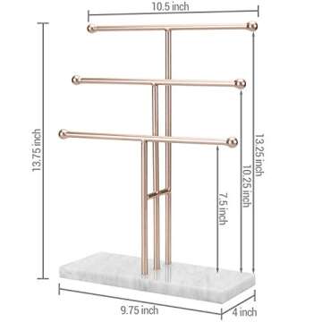 MyGift 3-Tier Rose Gold-Tone Metal Jewelry Stand Organizer, T Bar Necklace and Bracelet Display with Stone Base Ring Tray
