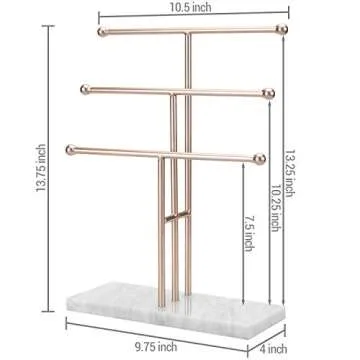 MyGift 3-Tier Rose Gold-Tone Metal Jewelry Stand Organizer, T Bar Necklace and Bracelet Display with Stone Base Ring Tray