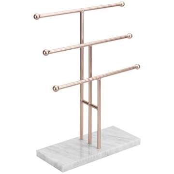 MyGift 3-Tier Rose Gold-Tone Metal Jewelry Stand Organizer, T Bar Necklace and Bracelet Display with Stone Base Ring Tray