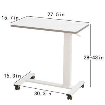 TigerDad Pneumatic Adjustable Overbed Table with Gas Spring Riser | Medical Adjustable Bed Side Table with Wheels | Portable Standing Desk for Laptop Computer