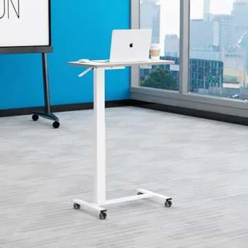 TigerDad Pneumatic Adjustable Overbed Table with Gas Spring Riser | Medical Adjustable Bed Side Table with Wheels | Portable Standing Desk for Laptop Computer