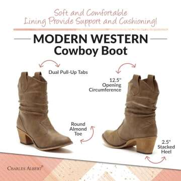 Charles Albert Modern Western Cowboy Boots for Women Ladies Stacked Heel Ankle Cowgirl Boots with Pull-Up Tabs in Mocha Size 8