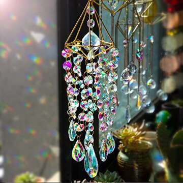 HDCRYSTALGIFTS Crystal Suncatchers for Window Hanging Wind Chime Style Garden Sun Catchers with Crystals Rainbow Maker Indoor Outdoor Decor Handmade Gold Plated