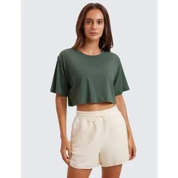 CRZ YOGA Women's Pima Cotton Workout Crop Tops Short Sleeve Yoga Shirts Casual Athletic Running T-Shirts Grey Olive Medium