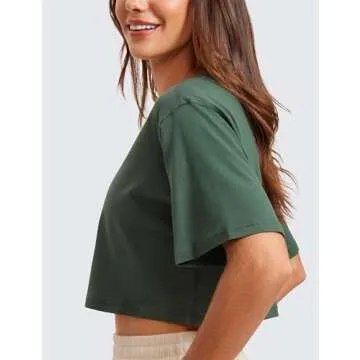 CRZ YOGA Women's Pima Cotton Workout Crop Tops Short Sleeve Yoga Shirts Casual Athletic Running T-Shirts Grey Olive Medium