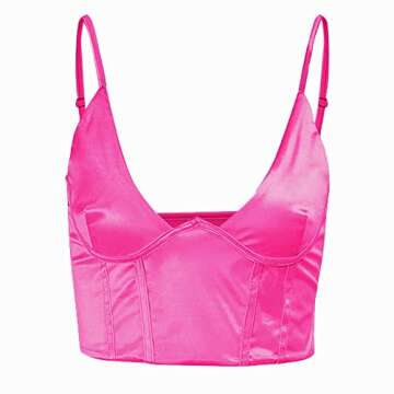 Meladyan Women Sexy Spaghetti Strap Satin Crop Corset V Neck Sleeveless Crop Bustier Slim Fit Clubwear Crop Camis Top (US, Alpha, Small, Regular, Regular, Hot Pink)