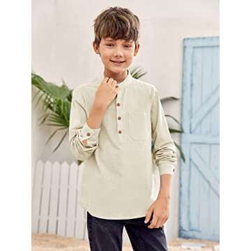 Inorin Beige Boys Linen Button Up Henley Shirt