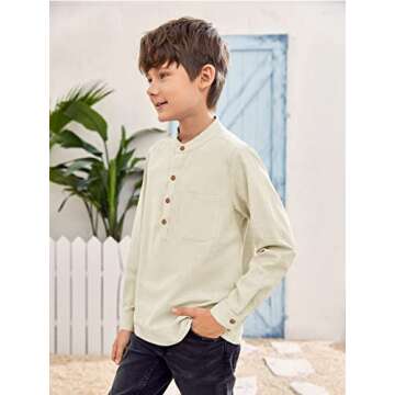 Inorin Beige Boys Linen Button Up Henley Shirt