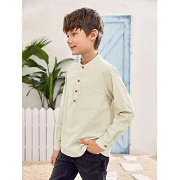 Inorin Beige Boys Linen Button Up Henley Shirt