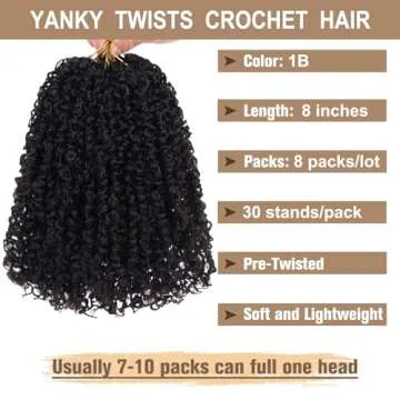 COOKOO 8 Bundles/Lot Bohemian Yanky Twist Crochet Braids Hair 8 Inch Natural Black Pre-Twisted Croch...