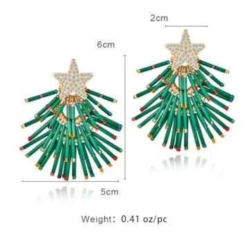 FAUTHENTICUTE Christmas Tree Earrings For Women Green Tubes Tassel Tree Dangle Earrings CZ Star Studs Large Statement Earrings Christmas Jewelry