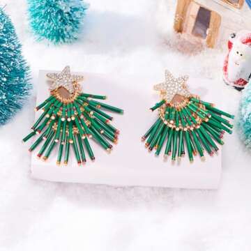 FAUTHENTICUTE Christmas Tree Earrings For Women Green Tubes Tassel Tree Dangle Earrings CZ Star Studs Large Statement Earrings Christmas Jewelry