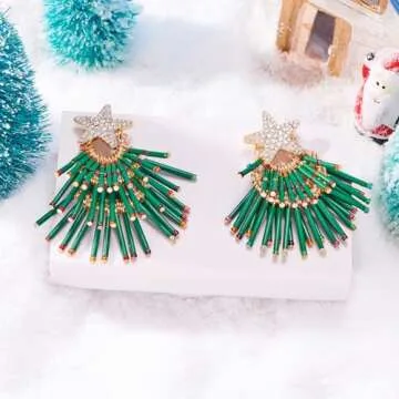 FAUTHENTICUTE Christmas Tree Earrings For Women Green Tubes Tassel Tree Dangle Earrings CZ Star Studs Large Statement Earrings Christmas Jewelry