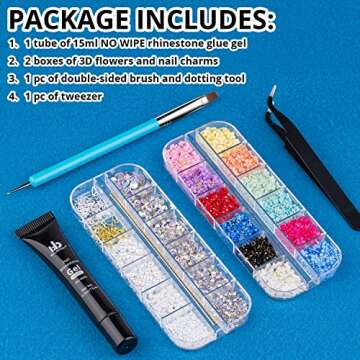 Nail Art Rhinestone Glue Gel&2 Boxes 3D Charms Accessories Kit 1, 1 Pc of 15ml Rhinestone Glue(UV/LE...