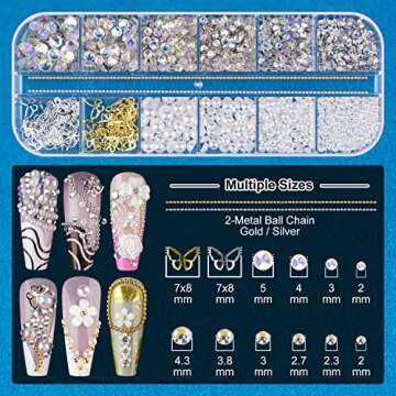 Nail Art Rhinestone Glue Gel&2 Boxes 3D Charms Accessories Kit 1, 1 Pc of 15ml Rhinestone Glue(UV/LED Needed)+3D Flowers Nail Decors Gems Crystal Pearls Bow Beads with Dual-End Brush Tool And Tweezer