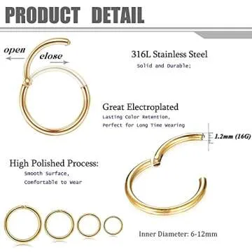 FIBO STEEL 8 Pcs 16g Cartilage Hoop Earrings Set