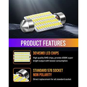 LUYED 578 LED Bulb 569 211-2 212-2 41mm LED Lights Bulb for Car Interior Dome Map License Plate Courtesy Lights, Xenon White,Pack of 4