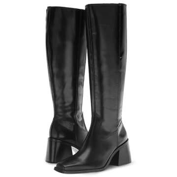 MUCCCUTE Black Knee High Boots for Women - Square Toe Chunky Block Heel Boots with Side Zipper Pull On PU Tall Boots US Size 8