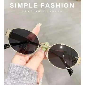 BAODAREN Trendy Retro Oval Sunglasses for Women Men Small Metal Frame Sun Glasses Ladies Shades BS1200 (Gold/Grey)