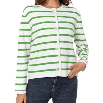 LATAHUO Women's Striped Cardigan Sweater Trendy Long Sleeve Button Down Crewneck Knit Cardigans(Green+White, Small)