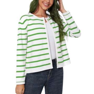 LATAHUO Women's Striped Cardigan Sweater Trendy Long Sleeve Button Down Crewneck Knit Cardigans(Green+White, Small)