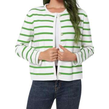 LATAHUO Women's Striped Cardigan Sweater Trendy Long Sleeve Button Down Crewneck Knit Cardigans(Green+White, Small)