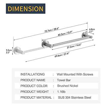 BESy Adjustable 15.9 to 28.6 Inch Single Bath Towel Bar for Bathroom SUS304 Stainless Steel Towel Holder, Wall Mount with Screws Hand Towel Bar Rod Hotel Style, Brushed Nickel
