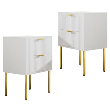 Our Modern Space 2 SET 2-Drawer Nightstand with Fluted Panel Design & Gold Frame - Perfect for Small...