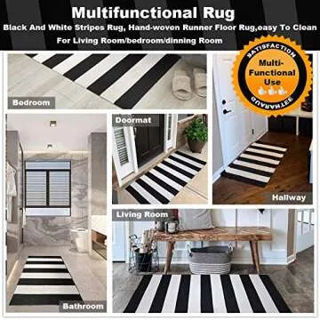 KaHouen Black and White Striped Rug (23.6 x 51.2 Inches), Striped Layering Mats, Handmade Woven Indoor Outdoor Doormats Striped Rug for Kitchen/Laundry/Bathroom/Living Room