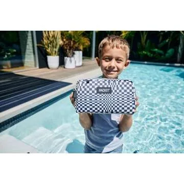 PackIt Freezable Classic Lunch Box, Checked Out, Built with EcoFreeze Technology, Collapsible, Reusable, Zip Closure With Zip Front Pocket and Buckle Handle, Perfect for School Lunches