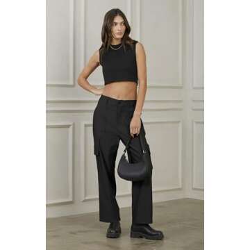 PURPEARL Cargo Pants Women High Waisted Wide Leg Baggy Y2K Cargo Pants for Hiking,Womens Cotton Casual Pants with Pockets Black