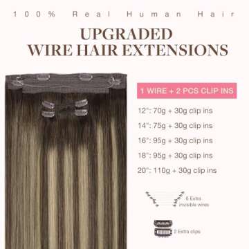 GOO GOO Wire Hair Extensions Human Hair, 4/26/4 Chocolate Brown with Honey Blonde Balayage 18inch 12...