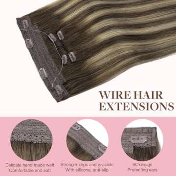 GOO GOO Wire Hair Extensions Human Hair, 4/26/4 Chocolate Brown with Honey Blonde Balayage 18inch 125g, Invisible Wire Hair Extensions with Transparent, Seamless Fish Line Hairpiece