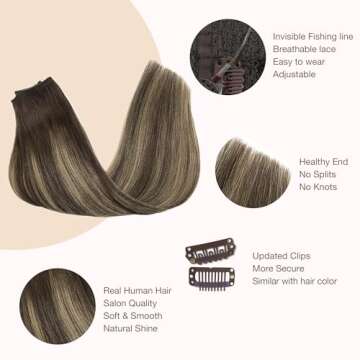 GOO GOO Wire Hair Extensions Human Hair, 4/26/4 Chocolate Brown with Honey Blonde Balayage 18inch 125g, Invisible Wire Hair Extensions with Transparent, Seamless Fish Line Hairpiece