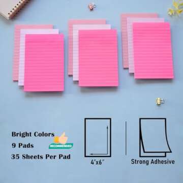 9 Pack Lined Sticky Notes 4X6 - Colorful Memo Pads with Strong Adhesive