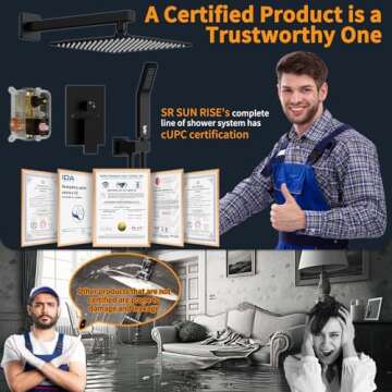 SR SUN RISE 12 Inches Matte Black Shower System 12 Inch Brass Bathroom Luxury Rain Mixer Shower Comb...