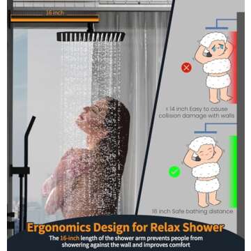 SR SUN RISE 12 Inches Matte Black Shower System 12 Inch Brass Bathroom Luxury Rain Mixer Shower Combo Set Wall Mounted Rainfall Shower Head System Shower Faucet Rough-in Valve Body and Trim Included