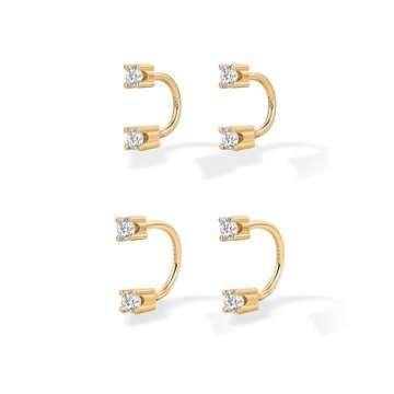 PAVOI 14K Yellow Gold Plated Sterling Silver Posts Double Half Huggie Earring Jacket Pack for Women - Gold Statement Loop Hoop Earring Set - Cubic Zirconia Screwback Studs