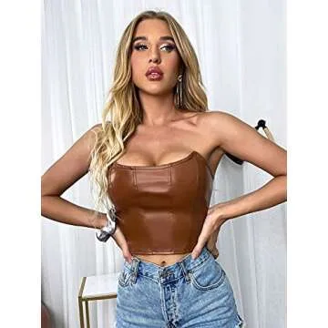 Milumia Women PU Faux Leather Tube Top Strapless Sleeveless Zip Back Crop Top Brown Medium