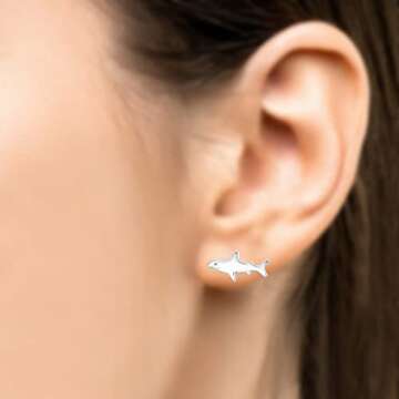 12mm Great White Shark Studs Solid 925 Sterling Silver Tiny Small Fish Earrings Pair