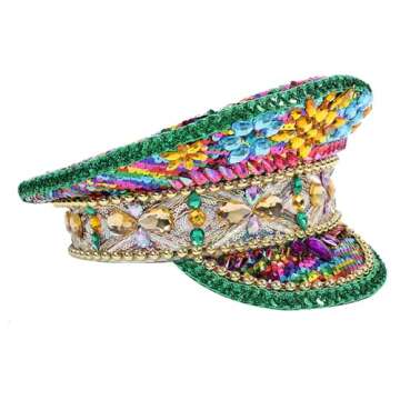 VIESSLG Mardi Gras Sequin Captain Hat Festival Rhinestone Military Hat Carnival Costume Hat Burning ...
