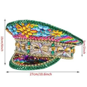 VIESSLG Mardi Gras Sequin Captain Hat Festival Rhinestone Military Hat Carnival Costume Hat Burning Man Hat